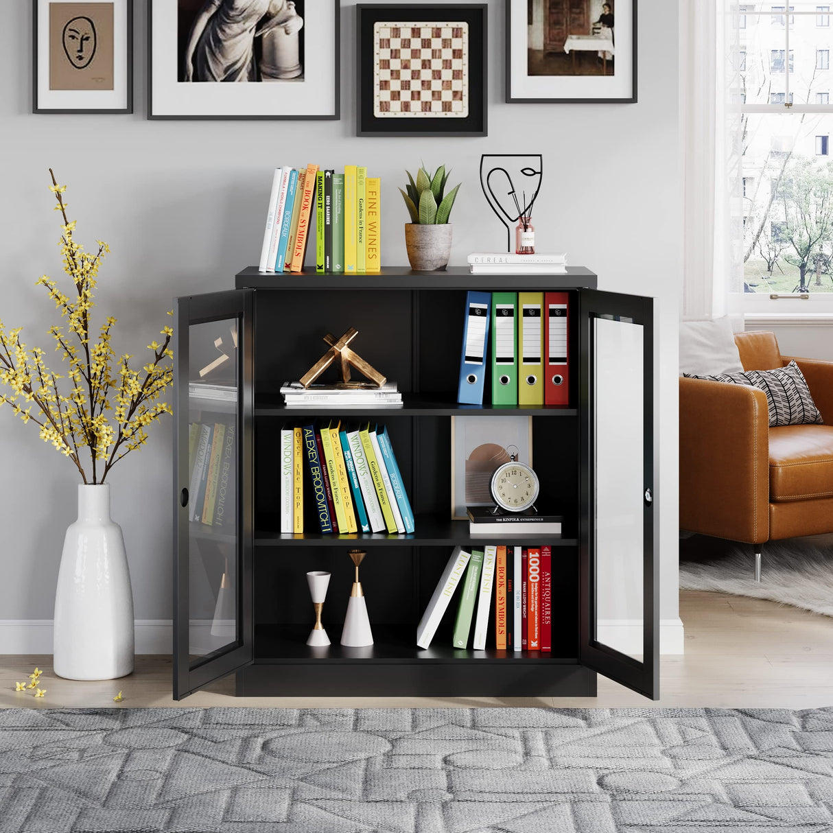 MIIIKO Metal Storage Cabinet with Glass Doors, Counter High Display Cabinet with 2 Adjustable Shelves and Tempered Glass Doors, Locking Small Display Cabinet… MIIIKO