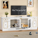 YITAHOME Double Dog Kennel Furniture with Tray, 79" Dog Crate Table with Storage for 2 Small/Medium Dogs, Indoor Wooden Dog House TV Stand, White YITAHOME