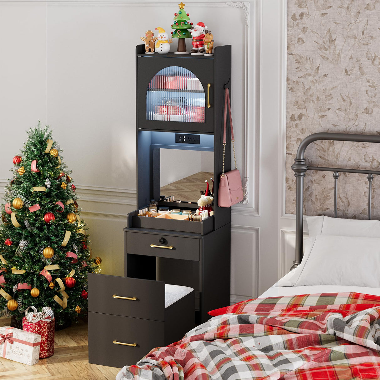 NUNU LAB 3 in 1 Vanity Desk with Mirror and Lights, Tall Makeup Vanity Set with Flip-up Mirror, Jewelry Box, Charging Station, LED Vanities Dressing Table for Small Spaces Bedroom Checkroom NUNU LAB