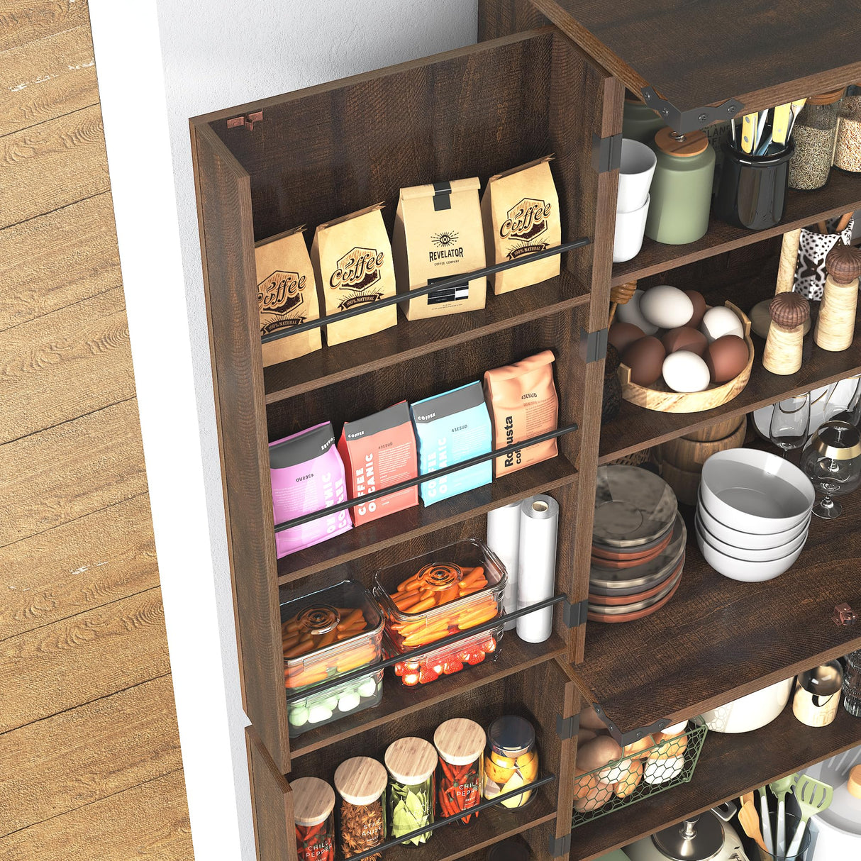 Hlivelood Farmhouse Kitchen Pantry Cabinet, 71" Tall Storage Cabinet with Adjustable Shelves & 4 Barn Doors & Drawer, Rustic Wood Cupboard for Kitchen, Dining Room, Living Room, Brown Hlivelood