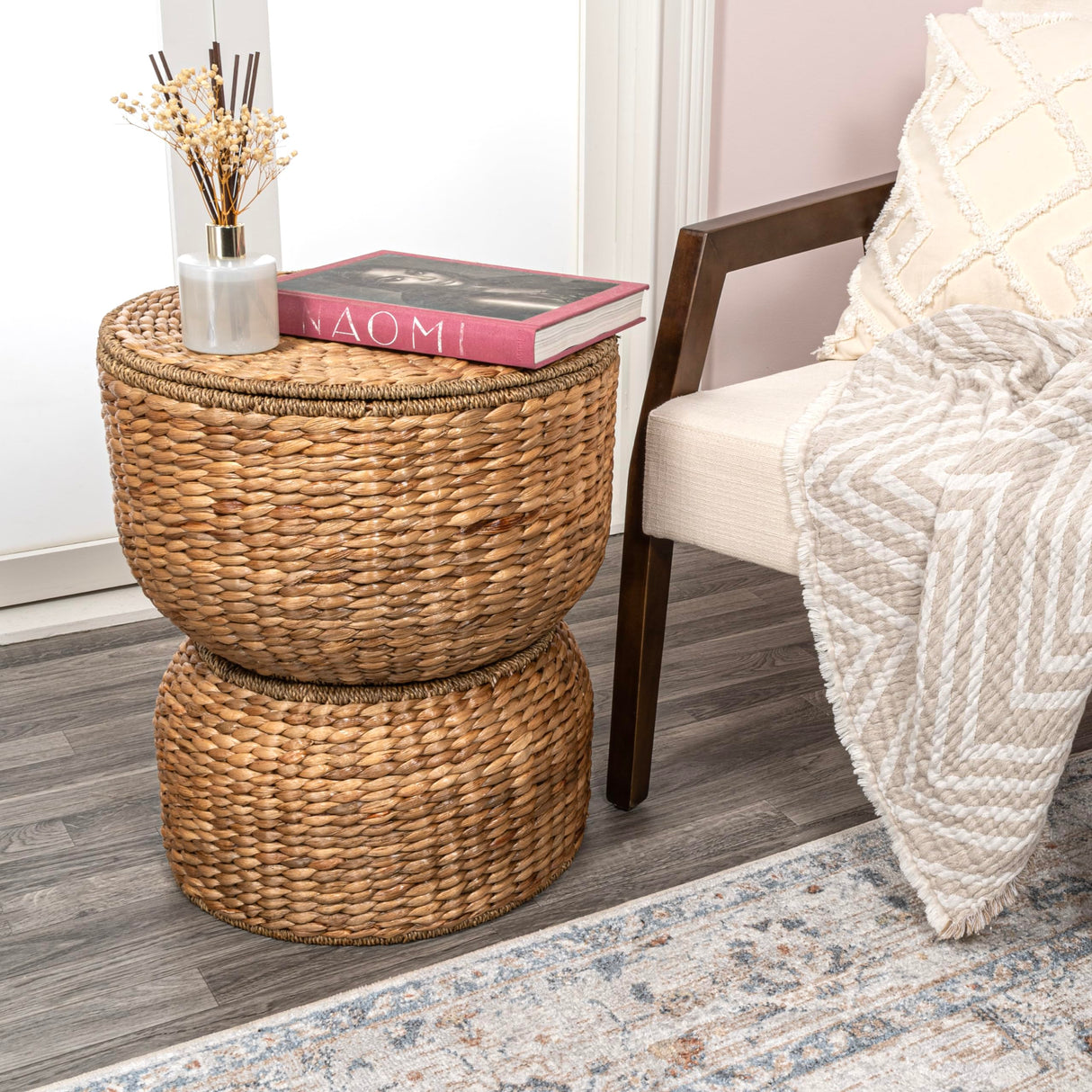 happimess SAT1000A Bhola 18" Hourglass Handwoven Hyacinth Storage Accent Table with Lid for Storage and Decoration in Bedroom, Living Room, Kitchen, Dining Room, Entryway, Guestroom, Natural happimess