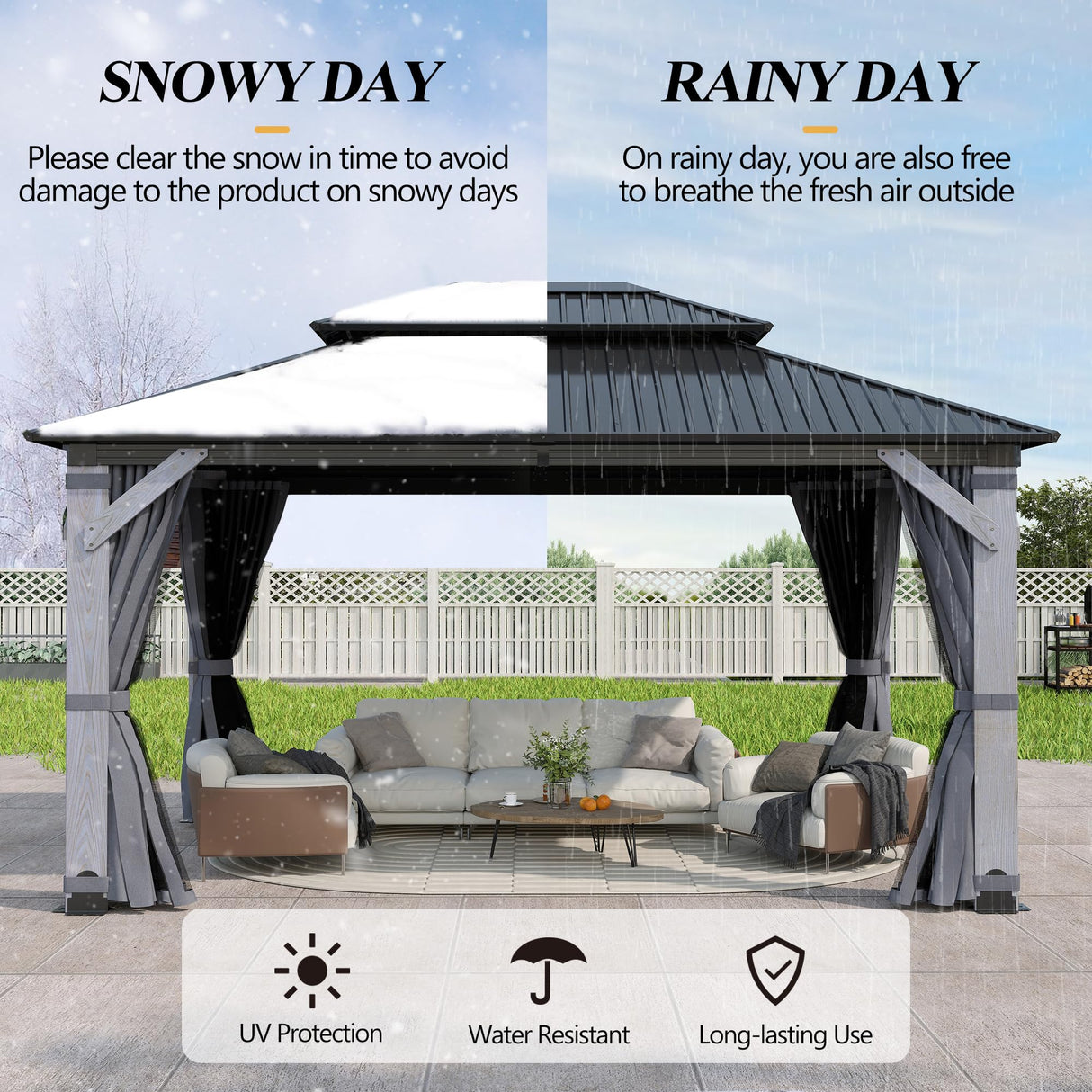 GARTOO 12' x 16' Outdoor Wood Gazebo - Permanent Wooden Hardtop Gazebo Pavilion with Double Curtains, Galvanized Steel Roof Cedar Wood Gazebos for Garden, Lawn, Poolside, Backyard Deck GARTOO