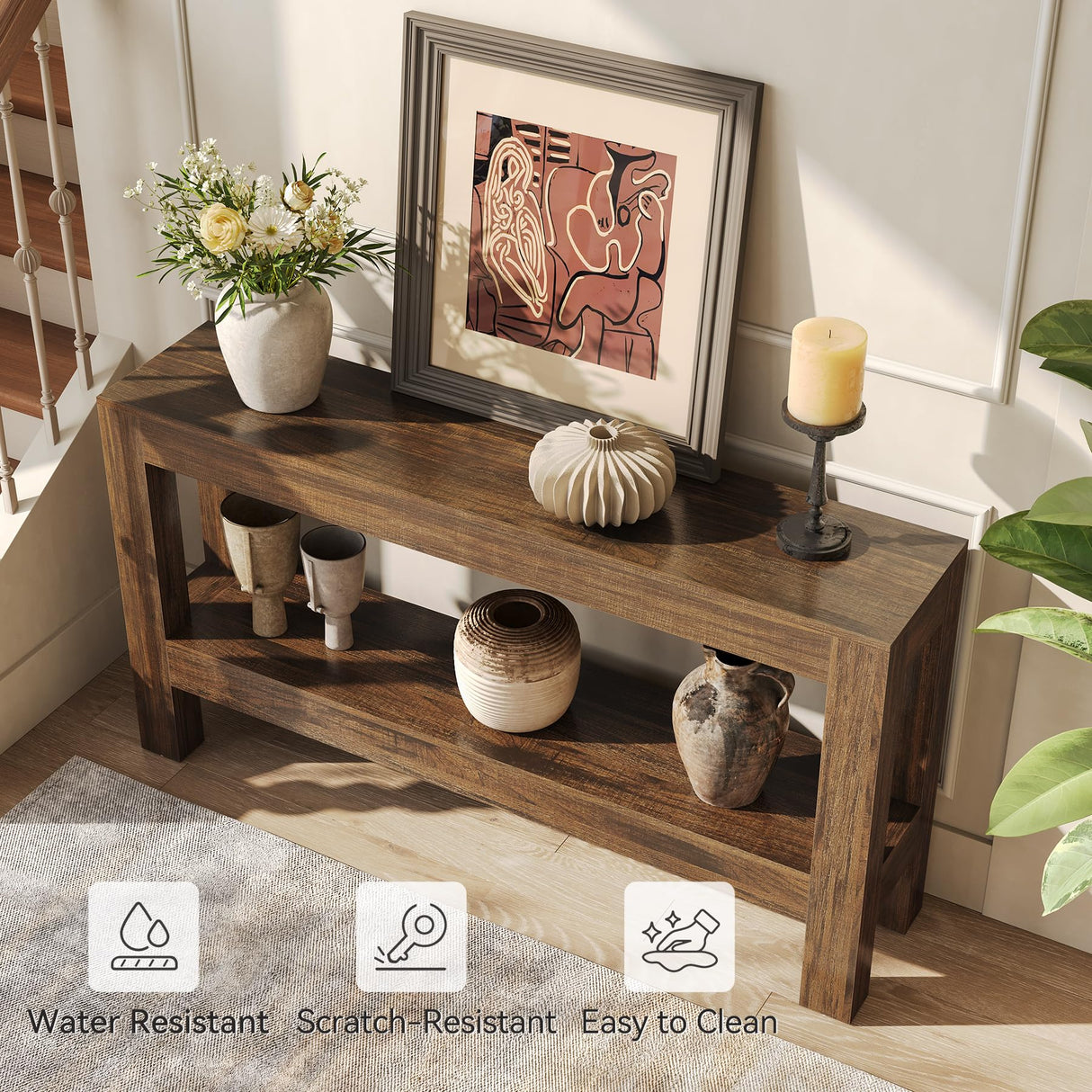 LITTLE TREE 63-Inch Narrow Long Entryway Table for Living Room, Farmhouse Wood Console Table for Sofa, Entry, Hallway, Entrance, Foyer, Behind Couch with 2-Tier Shelves, Brown LITTLE TREE