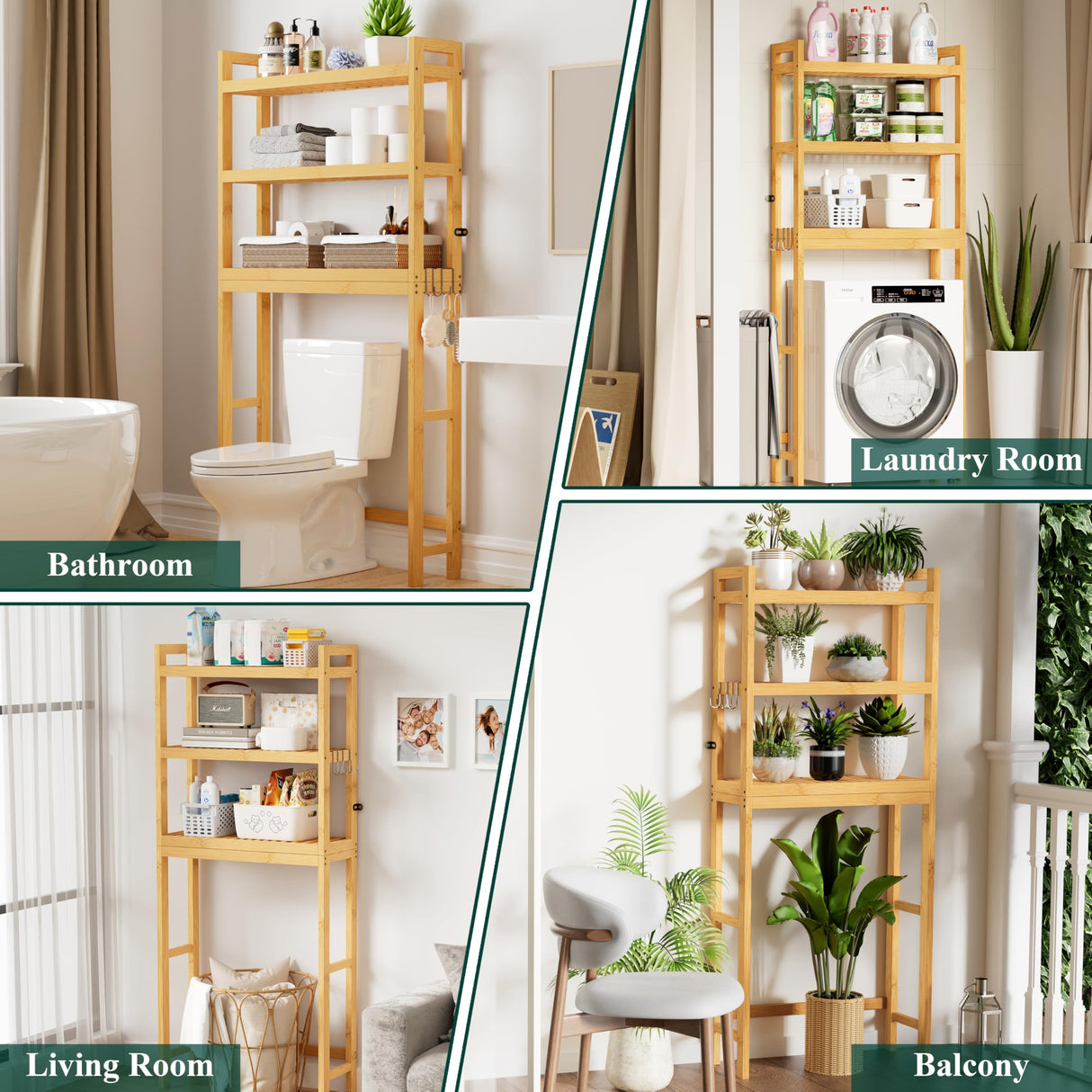 Smiry Over The Toilet Storage, Bamboo 3-Tier Over Toilet Bathroom Organizer, Adjustable Bathroom Shelf, Space Saving, Stable Freestanding Storage Cabinet with 4 Hooks, Natural Smiry