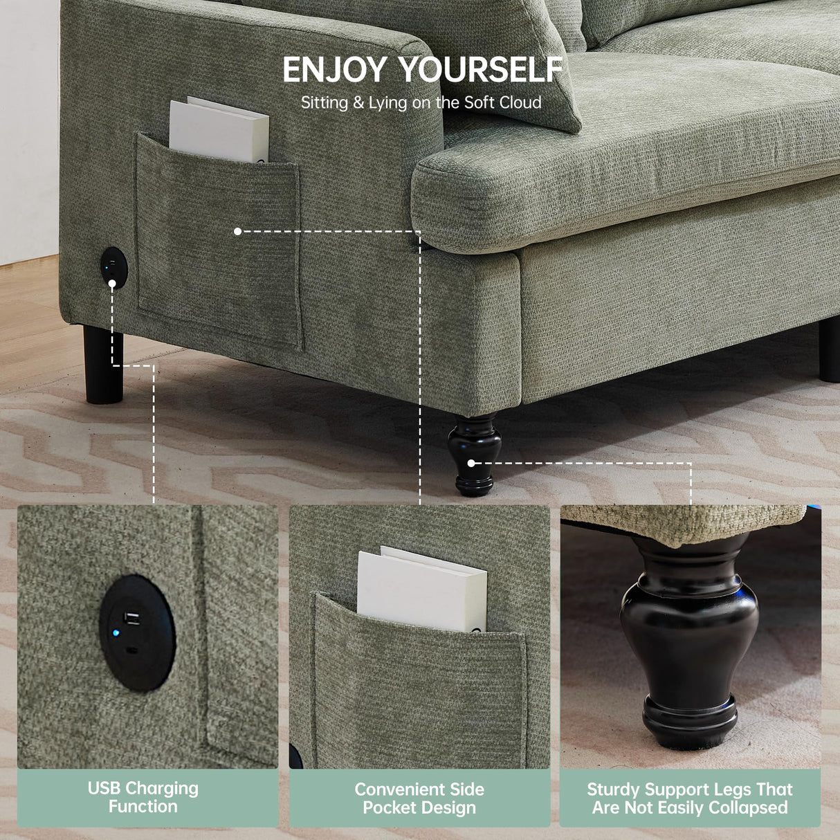 Opiesit 68.9” Loveseat Sofa Couch, Modern Comfy 2 Seat Chenille Couches, Spring Cushions & Solid Wood Frame, Small Couch with LED Light/USB Charging Function for Living Room, Bedroom, Apartment, Cyan Opiesit