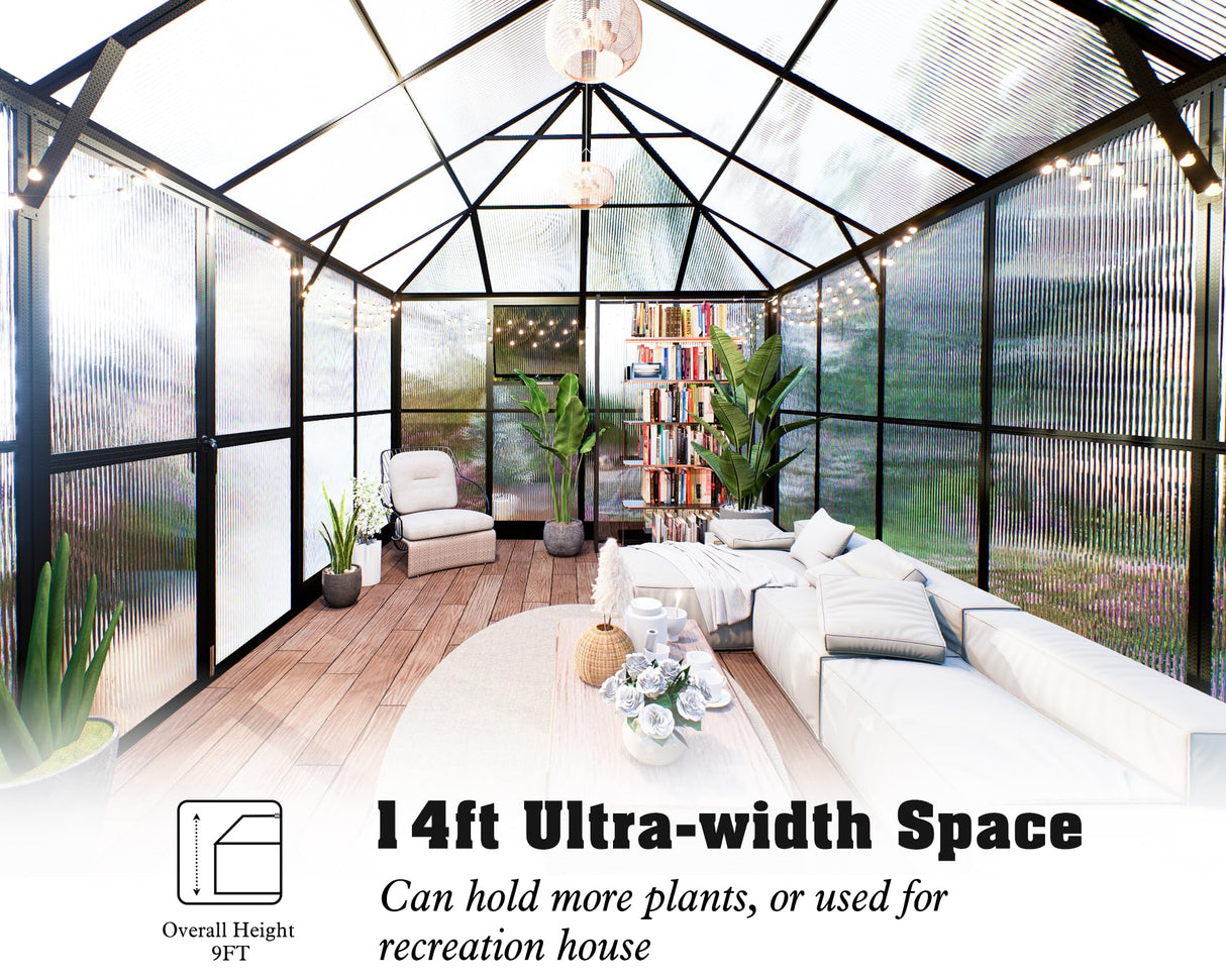 HOWE 14x9.5x9 FT Polycarbonate Greenhouse with 2 Vents and Double Swing Doors 6FT Added Wall Height, Walk-in Large Winter Greenhouse Sunroom Aluminum Greenhouse for Outdoors, Black HOWE
