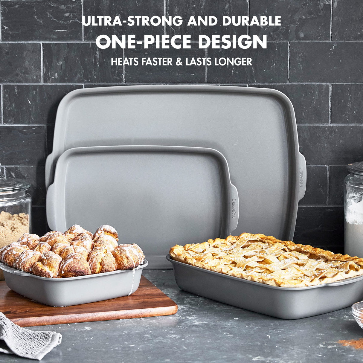 GreenPan Premiere Ovenware Healthy Ceramic Nonstick 4 Piece Bakeware Set, PFOA and PFAS-Free, Rectangular, Square, Quarter, Half Sheet Baking Pans, Warp-Free, Oven Safe to 600F, Dishwasher Safe, Gray GreenPan