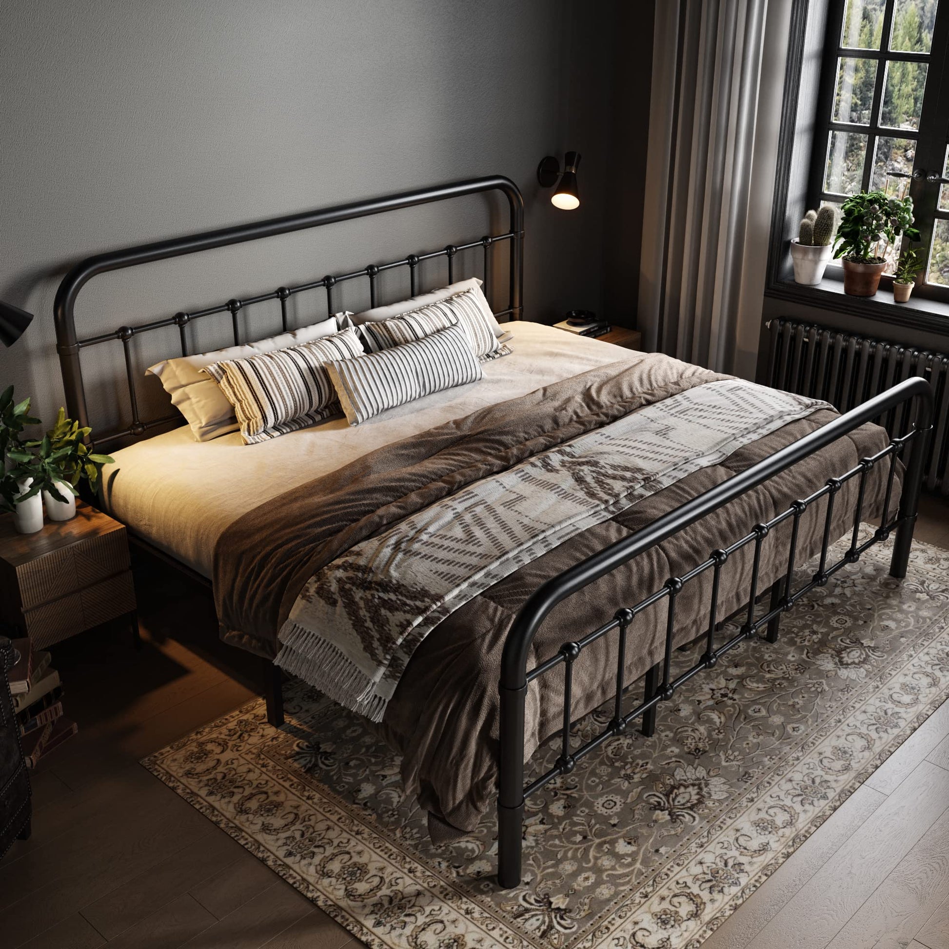 Allewie King Size Victorian Style Metal Platform Bed Frame with Wrought Iron Headboard and Footboard - No Box Spring Needed, Black - WoodArtSupply