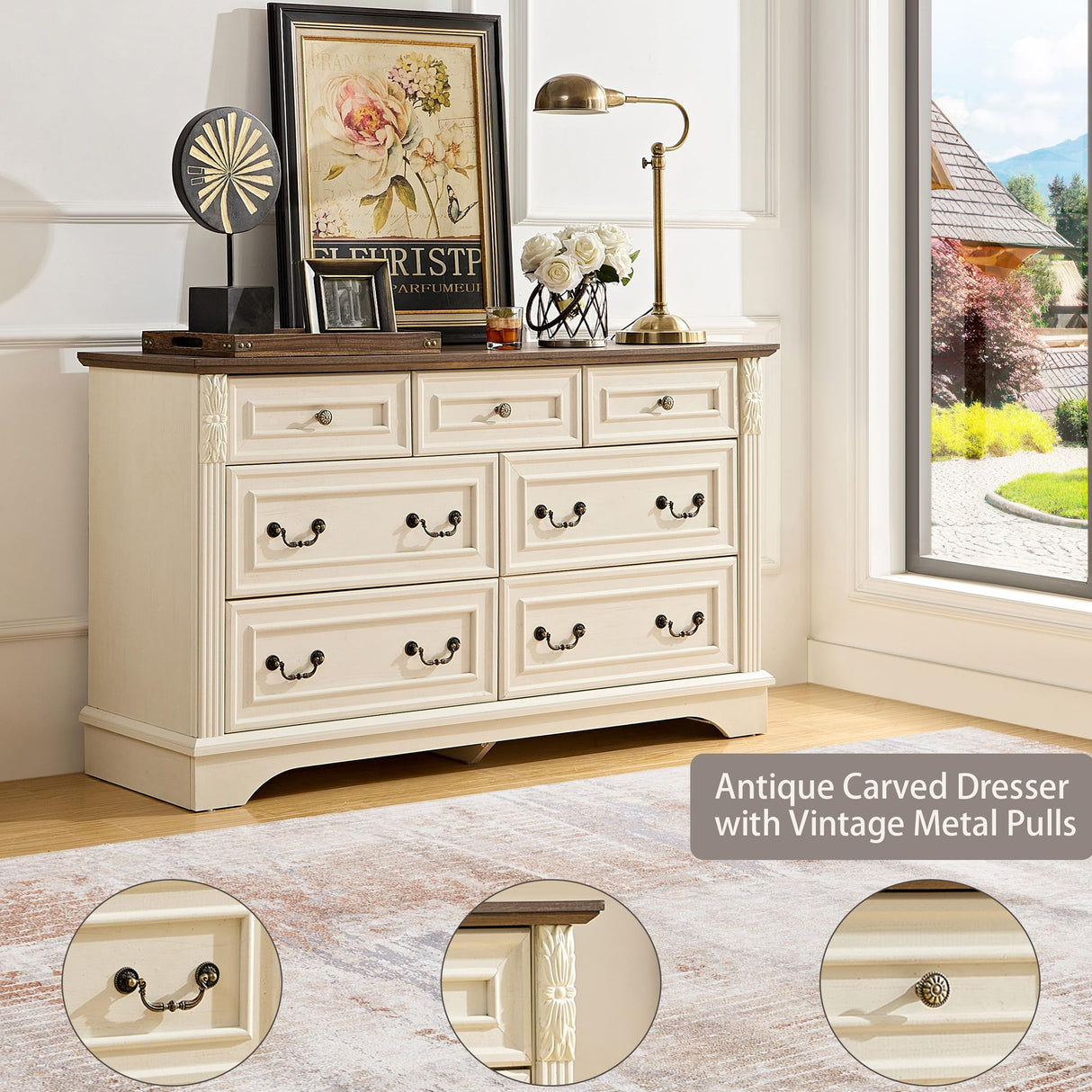 BOSHIRO 7 Drawers Dresser, Farmhouse Dressers for Bedroom, 54" Wide Wood Rustic Chest of Drawers with Carved Pilasters, Storage Organizer, Living Room, Hallway, Antique White BOSHIRO