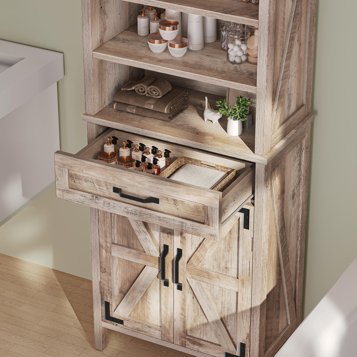 DWVO Farmhouse Storage Cabinet, Small Bathroom Storage Cabinet with Doors and Shelves, 58" Tall Multi-Functional Accent Cabinet for Dining Room, 58" H x23.6 W, Washed Grey DWVO