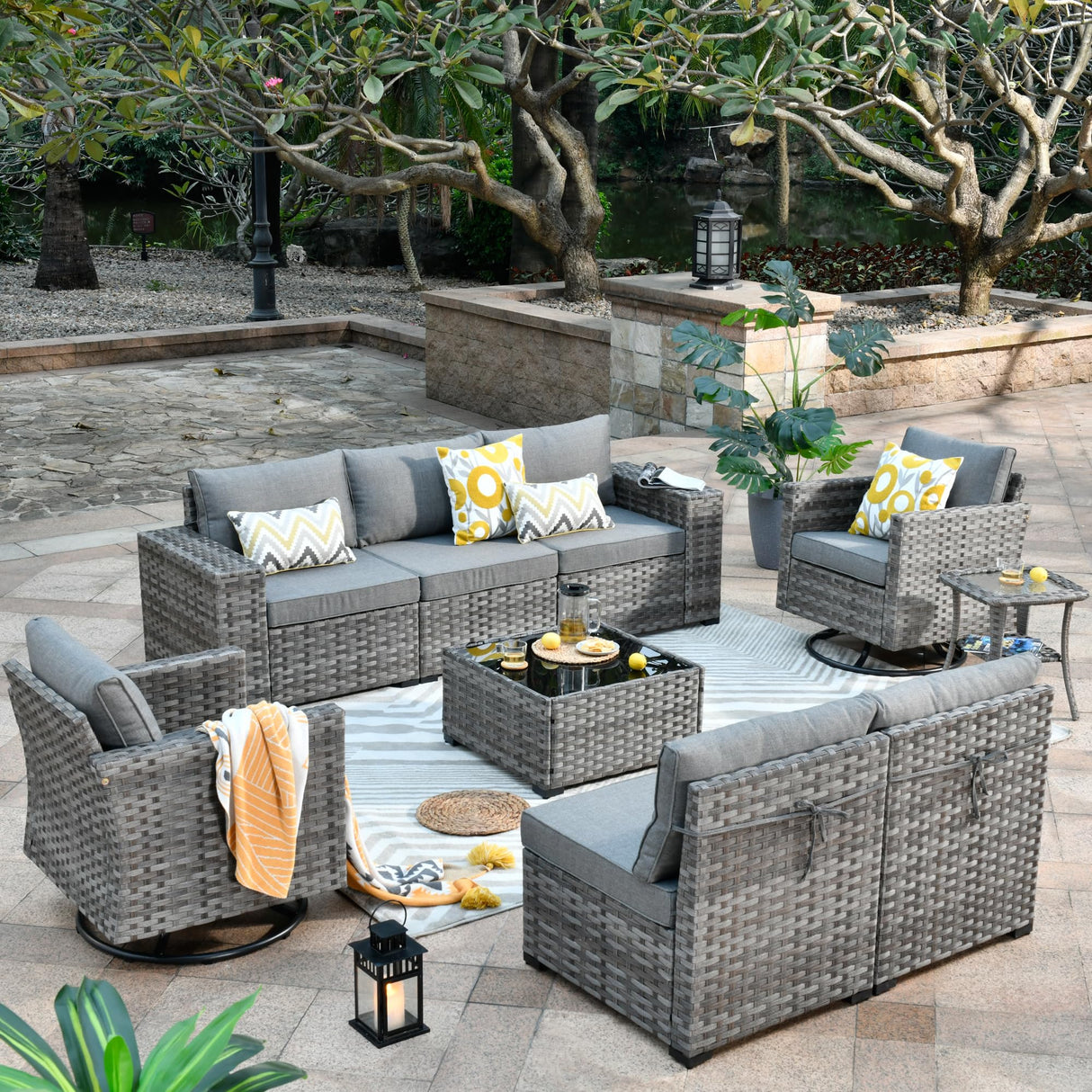 HOOOWOOO 9 Piece Modular Patio Outdoor Sectional Furniture Set with Swivel Rocking Chairs,Wicker Conversation Sofa Set,Outside Couch Set with Wide Arm(Dark Grey) HOOOWOOO
