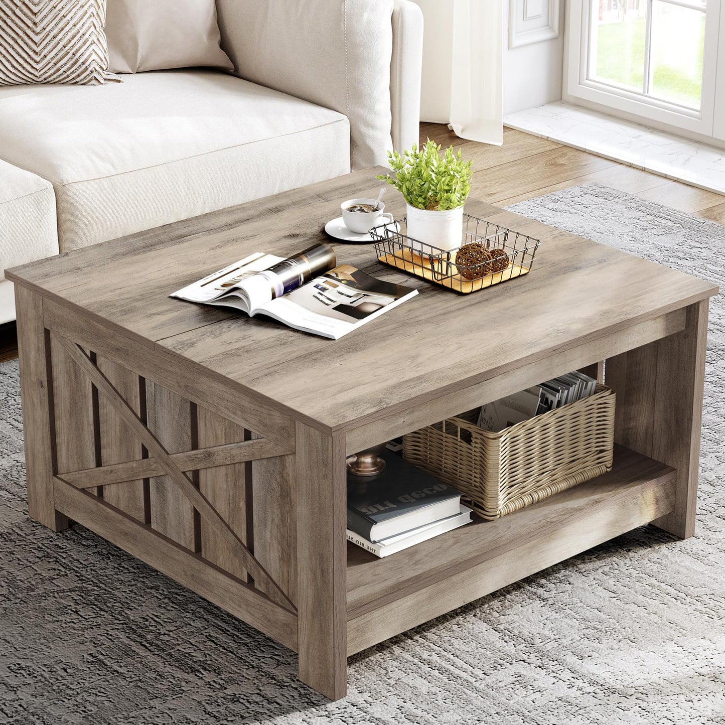 YITAHOME Coffee Table Farmhouse Coffee Table with Storage Rustic Wood Cocktail Table,Square Coffee Table for Living Meeting Room with Half Open Storage Compartment, Rustic Grey