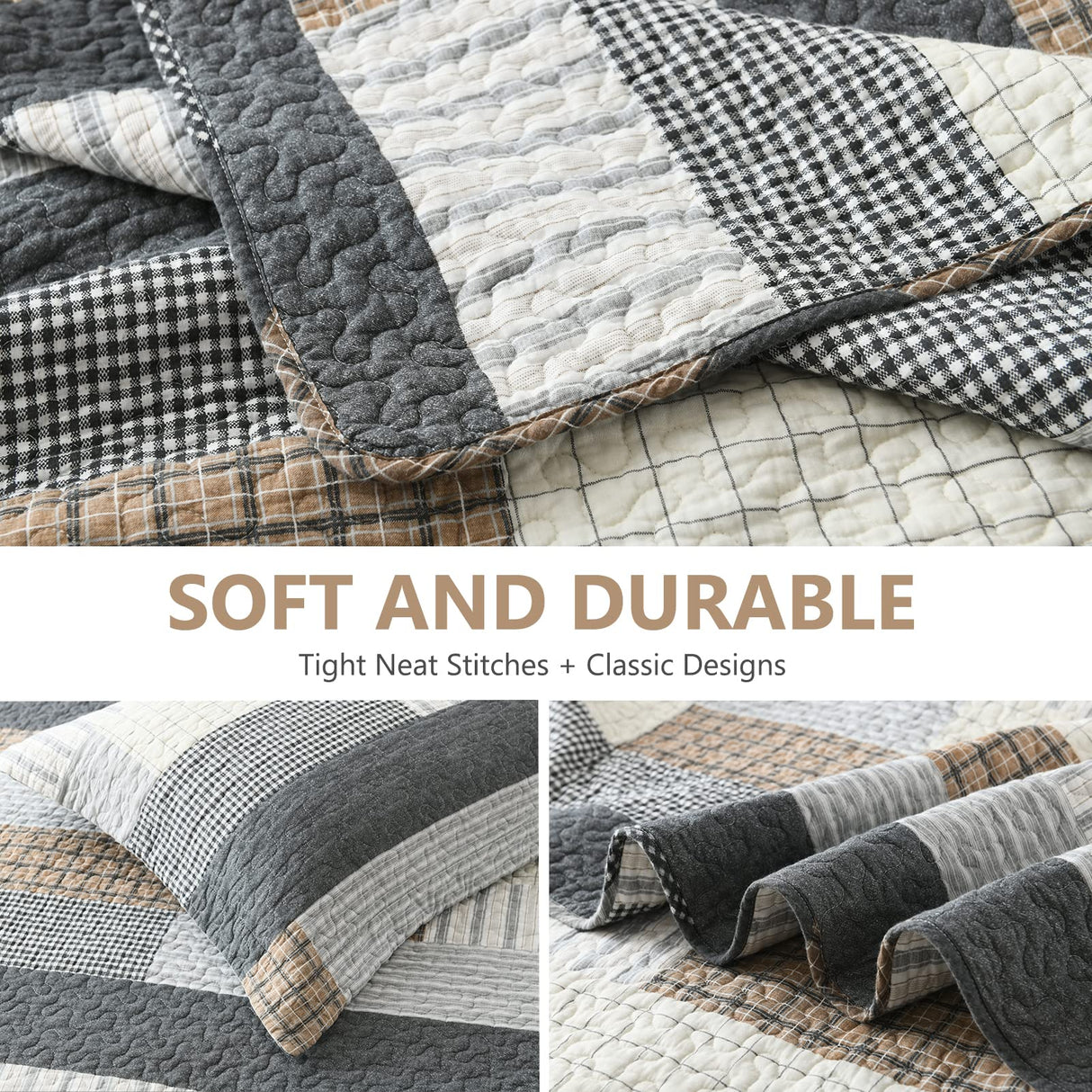 DUOHONG Quilts King Size, King Quilt Bedding Set Bedspread, 100% Cotton Patchwork Quilt for King Bed, 3 Pieces Plaid Farmhouse Reversible Lightweight Comforter Bed Spread, Grey/Tan/Black DUOHONG