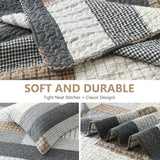 DUOHONG Quilts King Size, King Quilt Bedding Set Bedspread, 100% Cotton Patchwork Quilt for King Bed, 3 Pieces Plaid Farmhouse Reversible Lightweight Comforter Bed Spread, Grey/Tan/Black DUOHONG