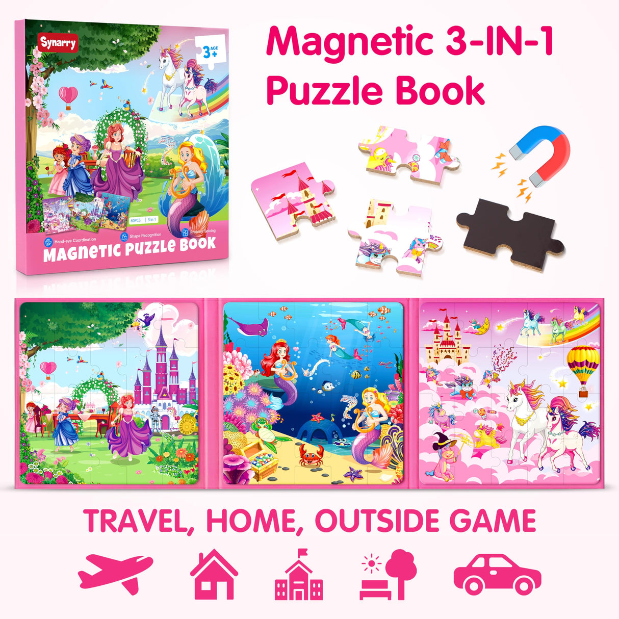SYNARRY Unicorn Mermaid Princess Magnetic Puzzles for Toddlers 3-5 Girls, 20 Pieces Travel Puzzles for Kids Ages 4-6, Car Airplane Road Trip Activities Toys for 3 4 5 6 Year Old Girls Birthday Gifts SYNARRY