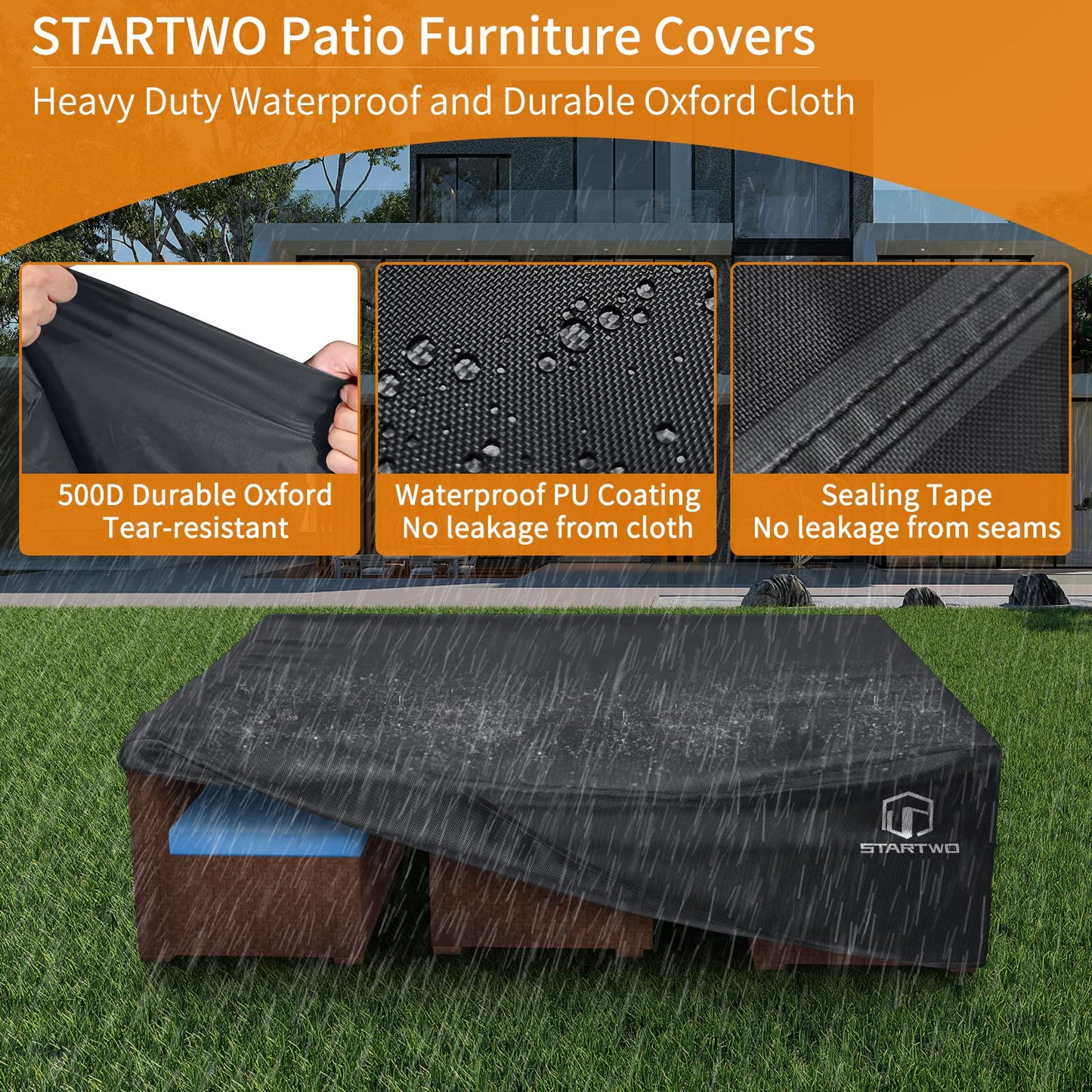 STARTWO Patio Furniture Covers Waterproof, Anti-UV Tear-Resistant 500D Heavy Duty 7-12 Seats Outdoor Furniture Set Cover for Sectional Sofa, Patio Table Cover, 126"x63"x28", Black