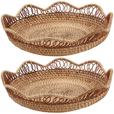 KEILEOHO 2 PCS 11.8 x 2.36 Inch Rattan Fruit Basket Round, Rattan Bread Basket, Wicker Fruit Basket, Rattan Fruit Bowl for Bread, Fruit, Vegetables, Tabletop Display KEILEOHO