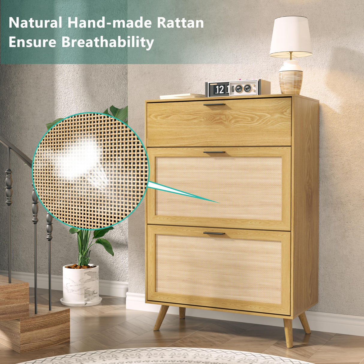 TOLEAD Rattan Shoe Storage Cabinet, Freestanding Shoe Rack Cabinet with 2 Flip Drawers & Wood Legs, Slim Shoe Organizer Cabinet for Entryway TOLEAD