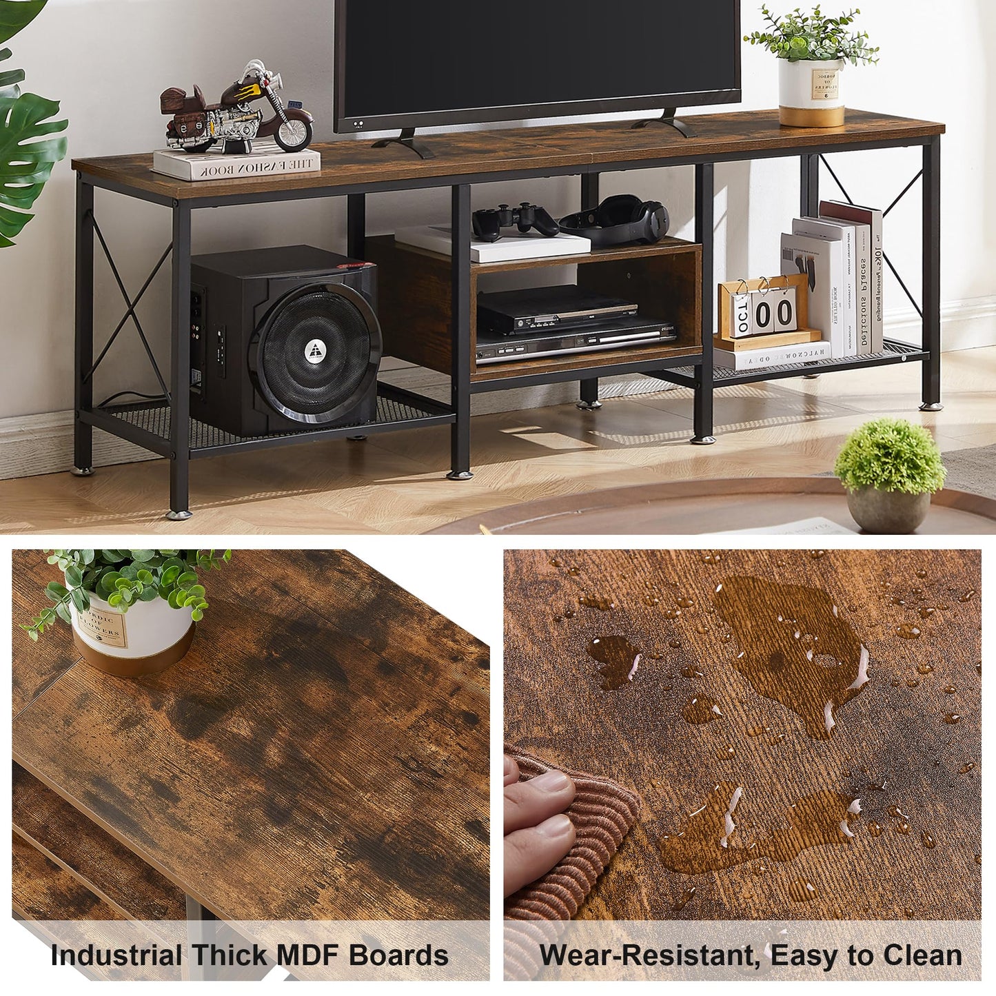 VECELO Industrial TV Stand for 75 Inch Television Cabinet 3-Tier Console with Open Storage Shelves, Entertainment Center Metal Frame for Living Room, Bedroom, 70 Inch, Dark Brown