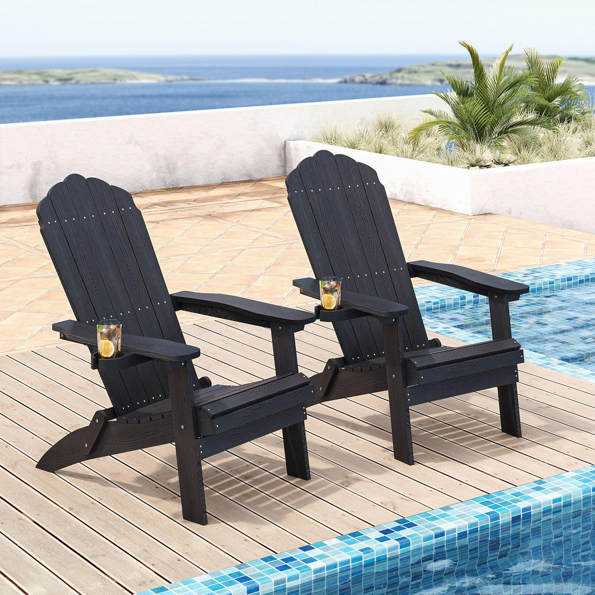 Qsun Outdoor Folding Adirondack Chair of 2, Weather Resistant Patio Chair with Cup Holder for Outside, Deck, Lawn, Backyard, Garden, Fire Pit, Campfire Lounger, Black, Large Qsun