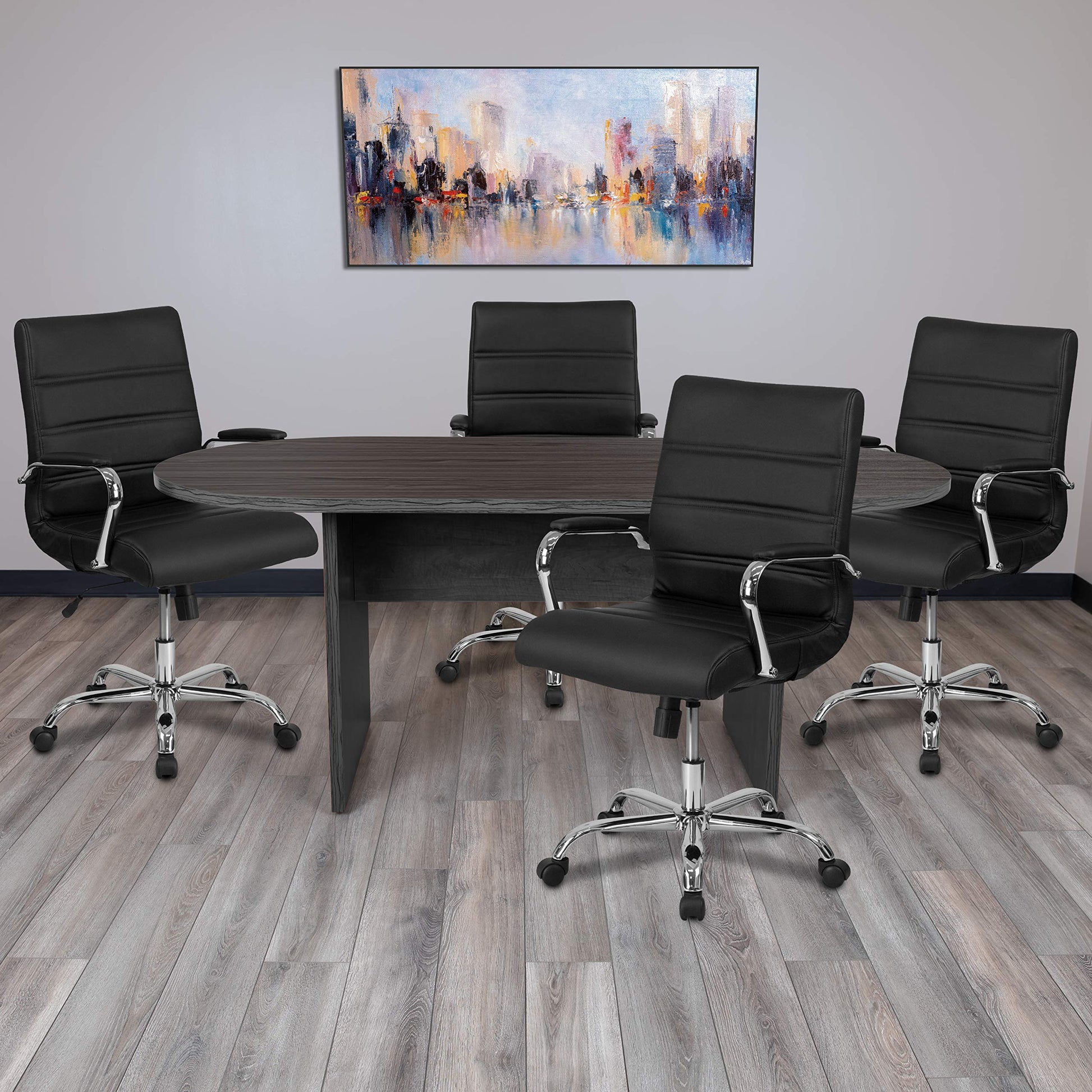 Flash Furniture 5 Piece Rustic Gray Oval Conference Table Set with 4 Black and Chrome LeatherSoft Executive Chairs - WoodArtSupply