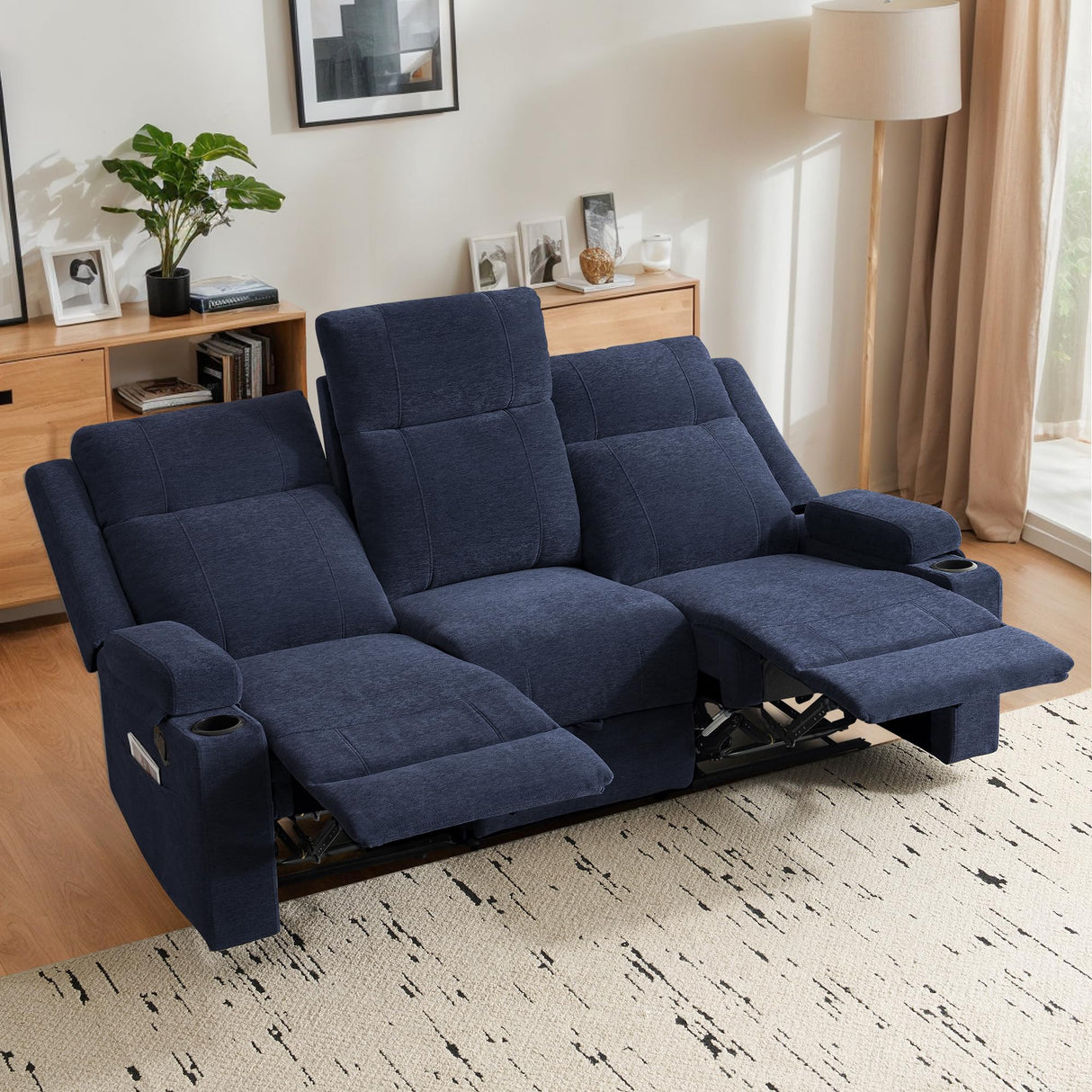 75'' Manual Reclining Sofa with Storage Drawer, 3 Seat Wall Hugger Recliner Couch with Cup Holders, Side Pockets, Chenille Fabric, Compact 3-Person Recliner for RV, Living Room, Apartment (Blue) LURVIA