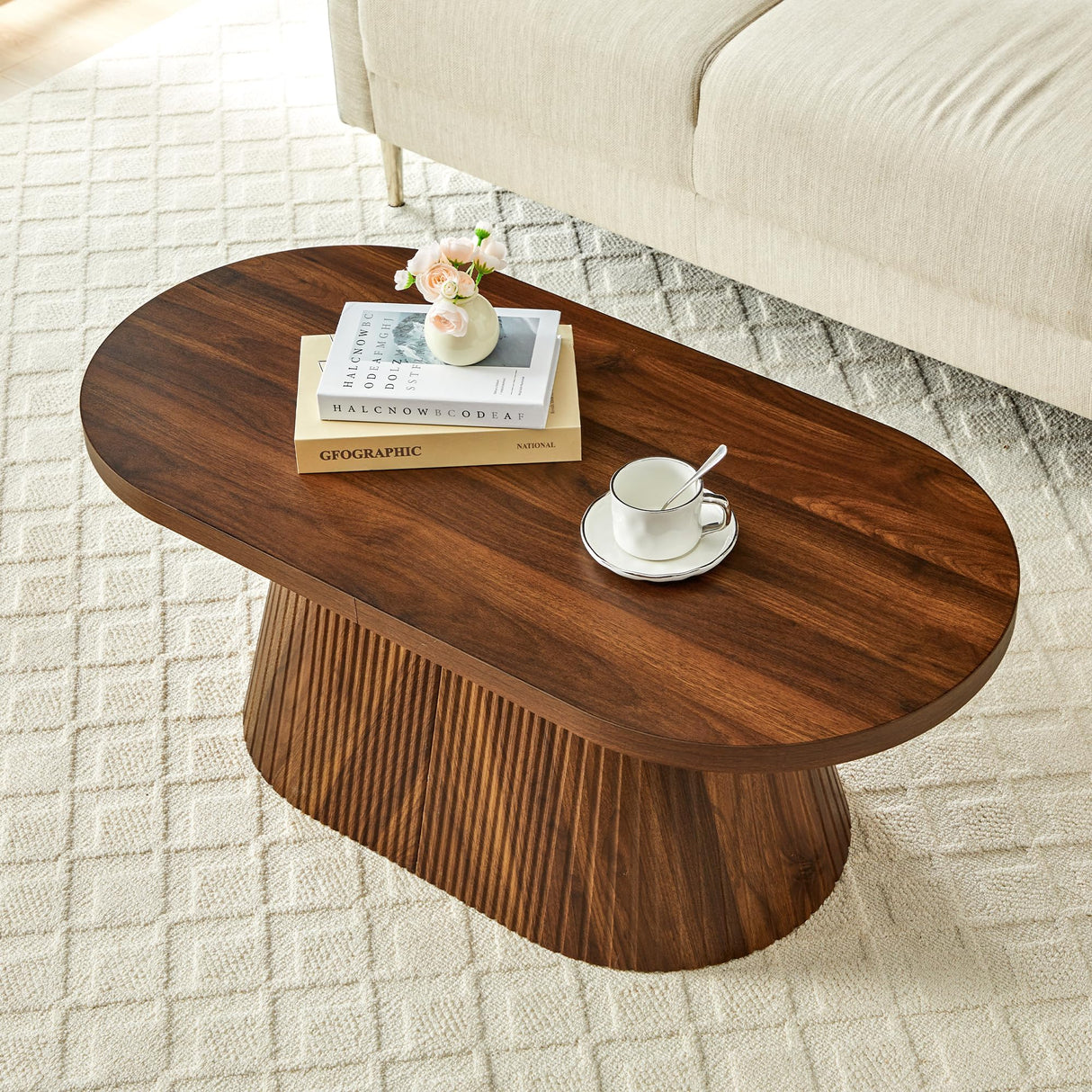 Fluted Coffee Table with Sturdy Tapered Base, Wood Oval Small Coffee Table, Mid Century Modern Center Table for Living Room Office (Walnut 1) FurSch