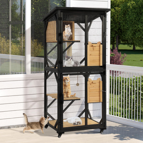 Grepatio Catio Outdoor Cat Enclosure, 4 Tiers Cat House with Waterproof Roof, Indoor Cat Cage with Wheels and Removable Floor, Large Outside Wood Cattio Kitty with Resting Box, Window Access (Black) Grepatio
