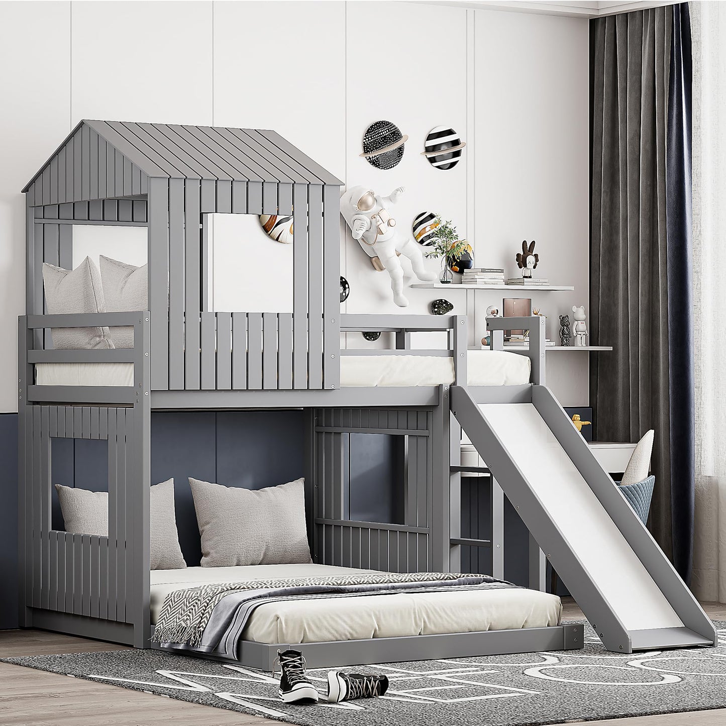 Harper & Bright Designs House Bunk Bed with Slide,Wood Twin Over Full Bunk Bed with Roof,Ladder & Safety Guardrail,Floor Bunk Loft Bed for Kids,Teens,No Box Spring Needed, Grey