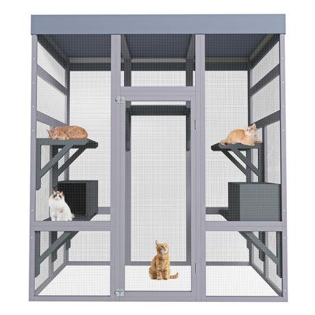 Catio Outdoor Cat Enclosure, 70.1" Large Wood Catio Outdoor Cats Enclosure with Waterproof Roof, 2 Cat Resting Box & Platforms, UV Resistant, Secure Rust-Proof Wire Pet Cage for Patio or Backyard Gaderth