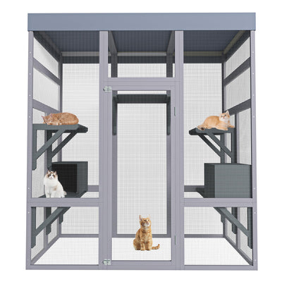 Catio Outdoor Cat Enclosure, 70.1" Large Wood Catio Outdoor Cats Enclosure with Waterproof Roof, 2 Cat Resting Box & Platforms, UV Resistant, Secure Rust-Proof Wire Pet Cage for Patio or Backyard