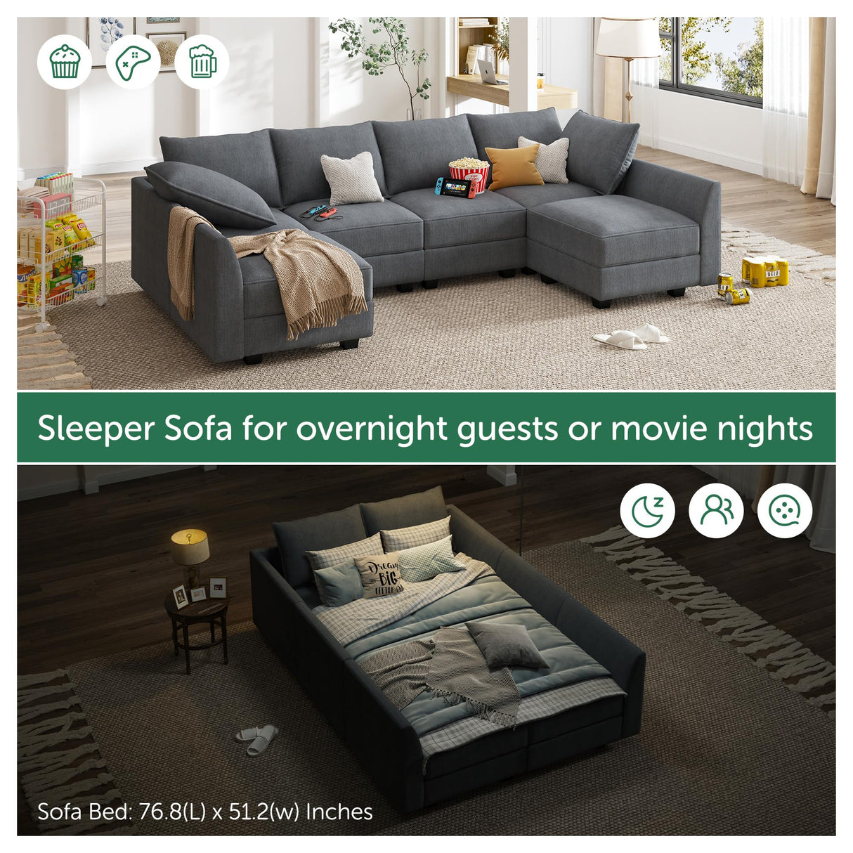 HONBAY Modular Couch U-Shaped Modular Sectional Sofa, Sectional Couch with Storage Seats (U Shape Sofa-2, Bluish Grey) HONBAY