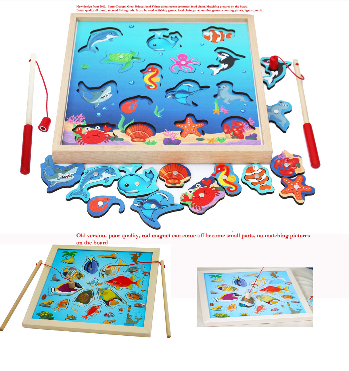 TOWO Wooden Fishing Game-Magnetic Fishing Puzzles with Numbers Jigsaw Puzzle- Sea Creatures Kids Fishing Game Educational Toys for 3 Years Old Math Toy Montessori Materials Toys of Wood Oxford