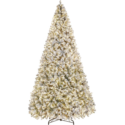 Yaheetech 12ft Pre-lit Artificial Christmas Tree W/Incandescent Warm White Lights, Snow Flocked Full Prelighted Xmas Tree W/4266 Branch Tips, 1750 Incandescent Lights & Foldable Stand, Green & White