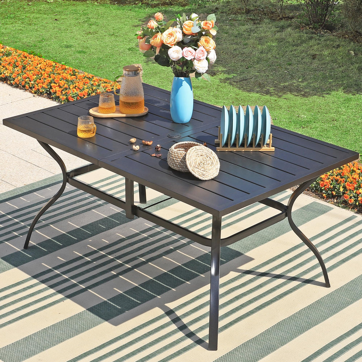 Sophia & William 7 Pieces Patio Dining Set with 13ft Navy Patio Umbrella, Outdoor Dining Set for 6 People, 60” Metal Patio Table and Rattan Chairs, Outdoor Patio Furniture with Seat Cushion Sophia & William