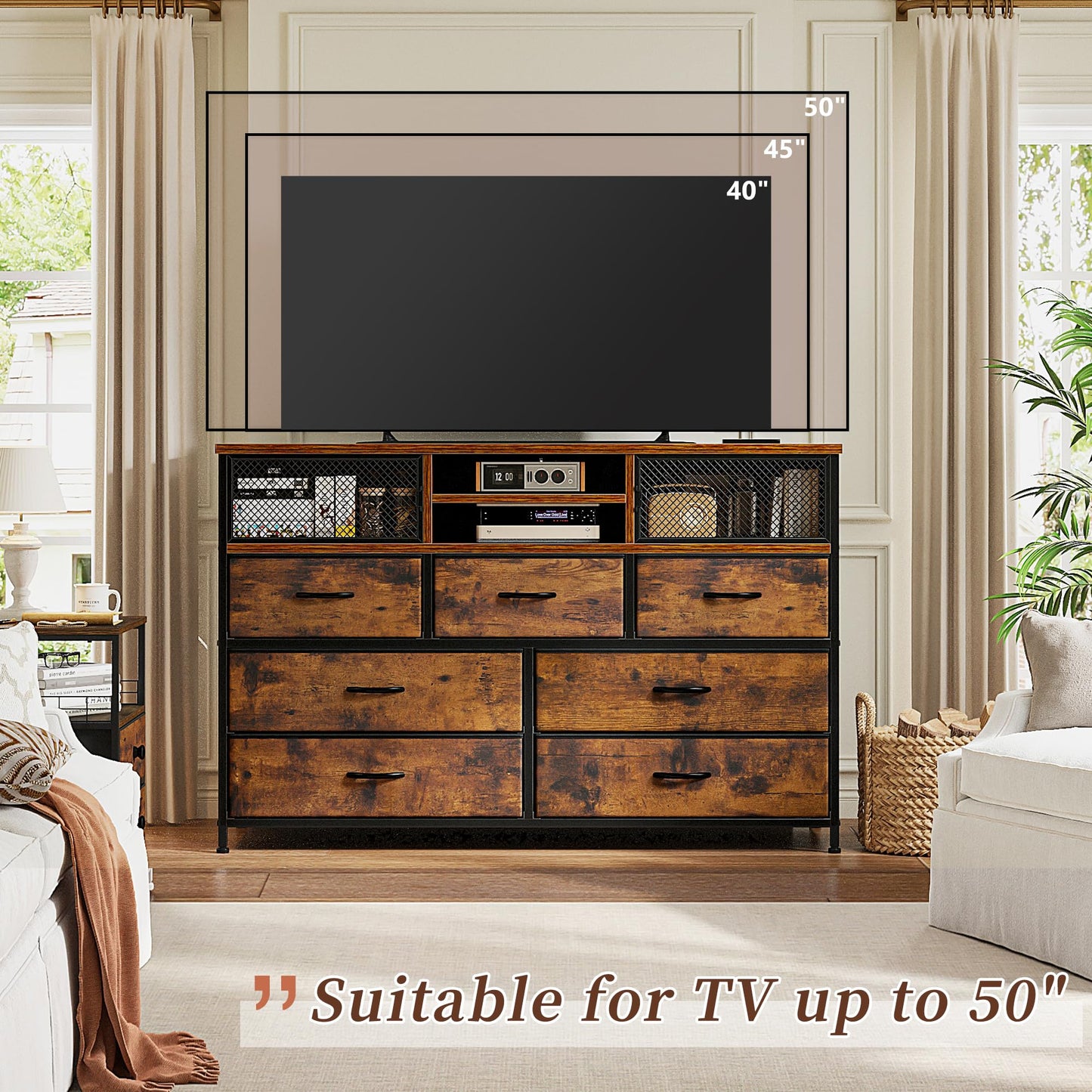 EnHomee Dresser TV Stand with Power Outlet TV Stand for Bedroom TV Stands for Living Room Dresser for Bedroom with 7 Drawers TV Console Table with Storage Entertainment Center,Metal Door,Rustic Brown