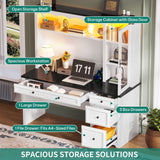 YITAHOME Executive Desk with Hutch and Drawers, Farmhouse Wood Computer Desk with Power Outlet & LED Lights, Home Office Desks with Storage Shelves, Storage Cabinet with Glass Door, White & Black YITAHOME