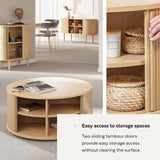 WERMO 35'' Round Coffee Table with Storage and Shelves - Round Center Table for Living Room and Office. Wood Mid Century Modern Coffee Tables for Living Room (Oak) WERMO