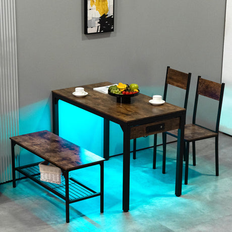 Finnhomy 43.3” Dining Table Set for 4 with LED Lights & USB-C Outlet, Modern Kitchen Table with Bench & 2 Chairs, Rectangular Metal Frame Dining Furniture for Small Spaces & Apartments, Rustic Brown Finnhomy