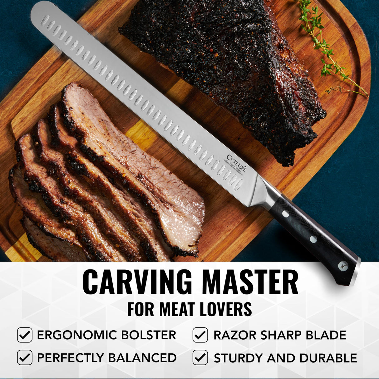 Cutluxe Slicing Carving Knife – 12" Brisket Knife, Meat Cutting and BBQ Knife – Razor Sharp German Steel, Sheath Included, Full Tang, Ergonomic Handle Design – Artisan Series Cutluxe