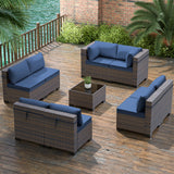 Gotland 9 Pieces Patio Furniture Set Outdoor Sectional Wicker Furniture All-Weather PE Rattan Patio Conversation Sets w/8 Replaceable Navy Waterproof Cushions and 1 Coffee Table Gotland