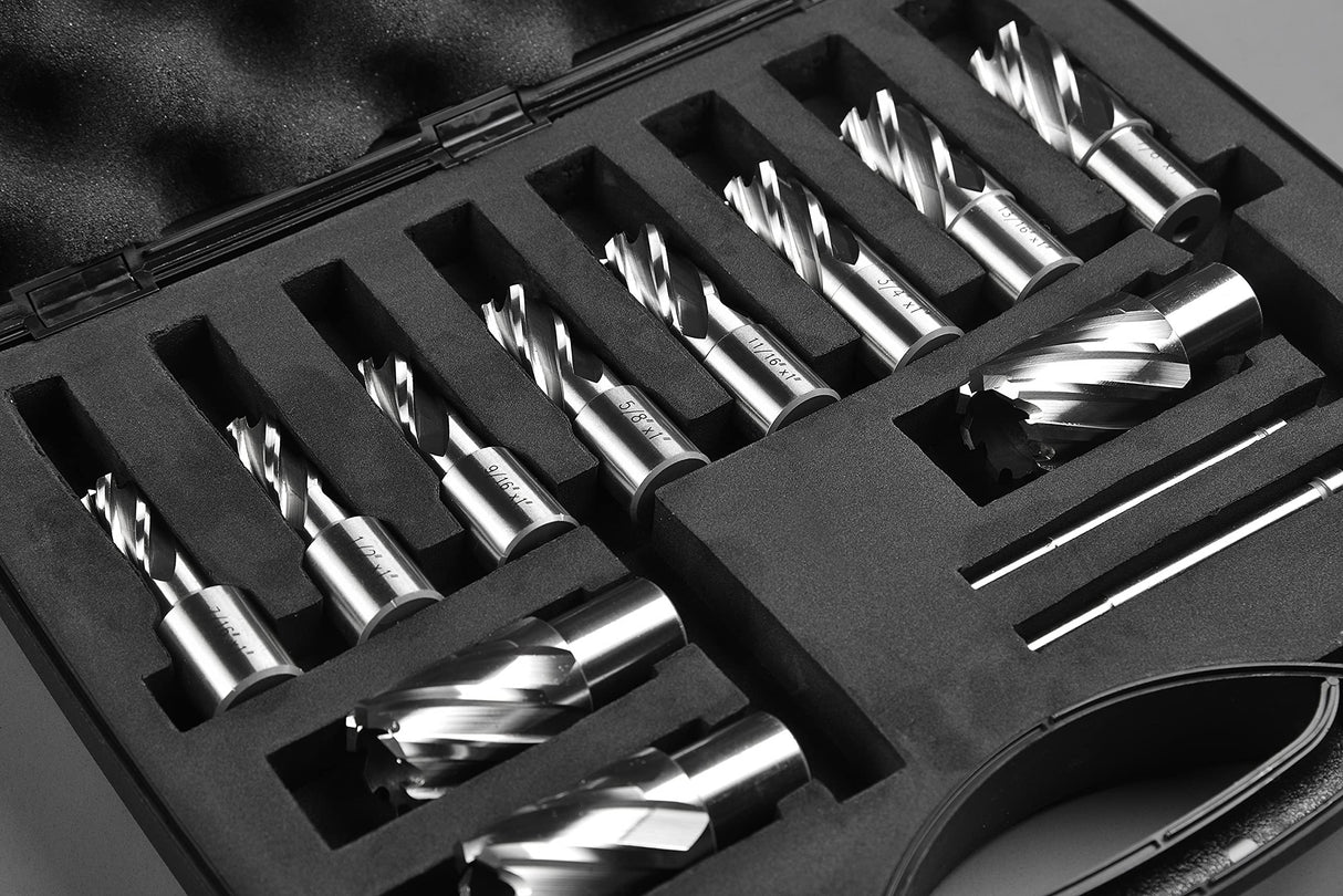 Annular Cutter Set 13 pcs JESTUOUS 3/4 Inch Weldon Shank 1 Cutting Depth and Cutting Diameter from 7/16 to 1-1/16 for Mag Drill Press HSS Standard Kit Two Flat with 2 Pilot Pins JESTUOUS