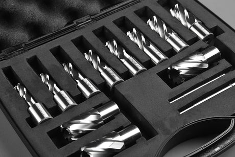 Annular Cutter Set 13 pcs JESTUOUS 3/4 Inch Weldon Shank 1 Cutting Depth and Cutting Diameter from 7/16 to 1-1/16 for Mag Drill Press HSS Standard Kit Two Flat with 2 Pilot Pins JESTUOUS