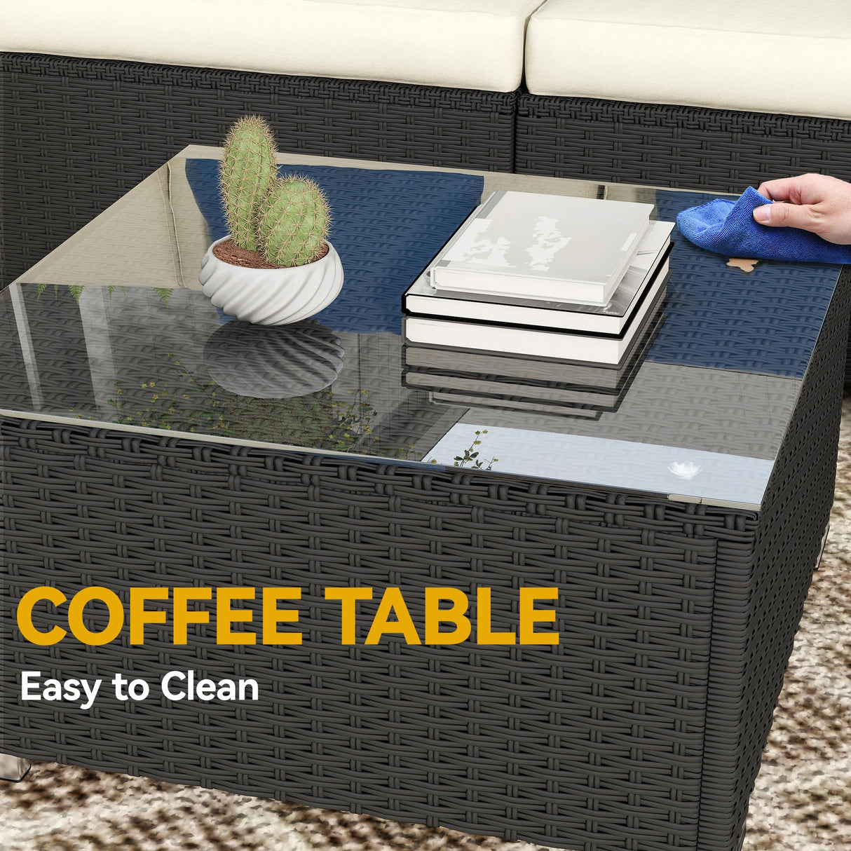 DWVO 7-Piece Patio Furniture Set, All-Weather PE Rattan Wicker Outdoor Sectional Sofa with Soft Cushions & Coffee Table, Patio Conversation Set for Backyard, Garden, Porch, Balcony (Beige+Black) DWVO