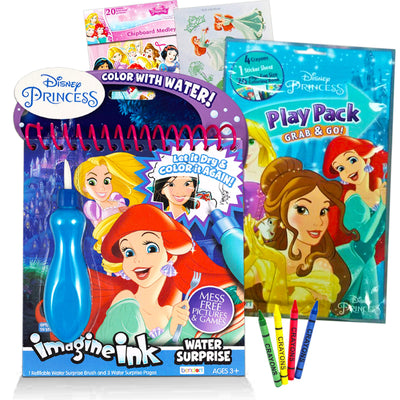 Disney Princess Paint With Water Super Set for Girls Kids Bundle ~ Deluxe Mess-Free Book with Water Surprise Brush, Mini Coloring Book, and Stickers (Disney Princess Party Supplies)