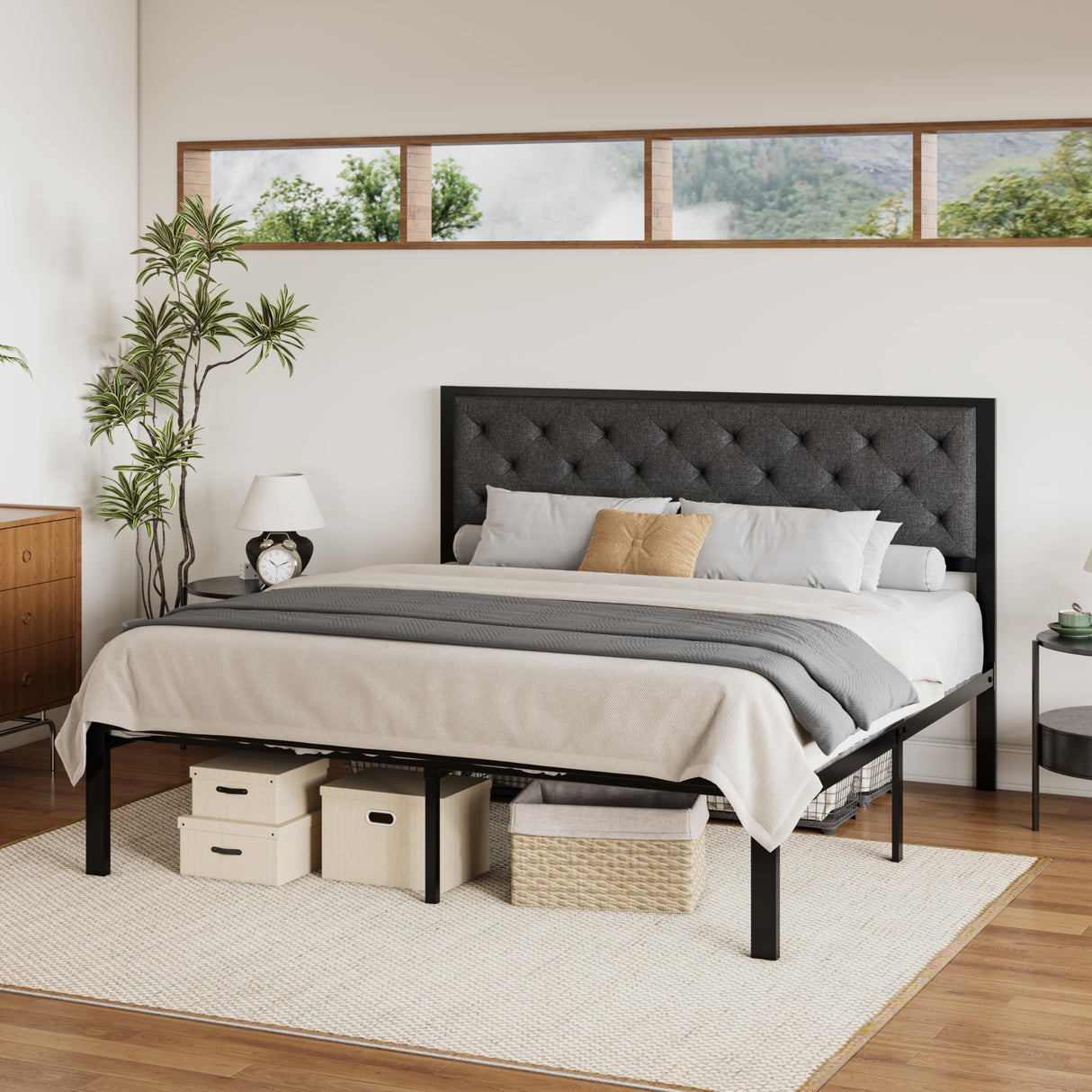 SHA CERLIN King Size Metal Platform Bed Frame,Linen Upholstered Button Tufted Headboard, Mattress Foundation with 12.4” Under-Bed Storage, Noise-Free, Easy Assembly, No Box Spring Needed, Dark Grey SHA CERLIN