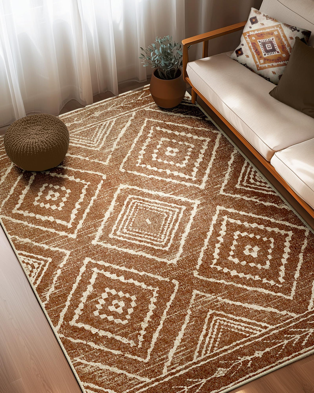 Area Rug 5x7 Rug Machine Washable Non-Slip Low Pile Print Pattern Western Rug for Living Room Bedroom Entryway Tribal Series -Yellowbrown/Cream BESTSWEETIE