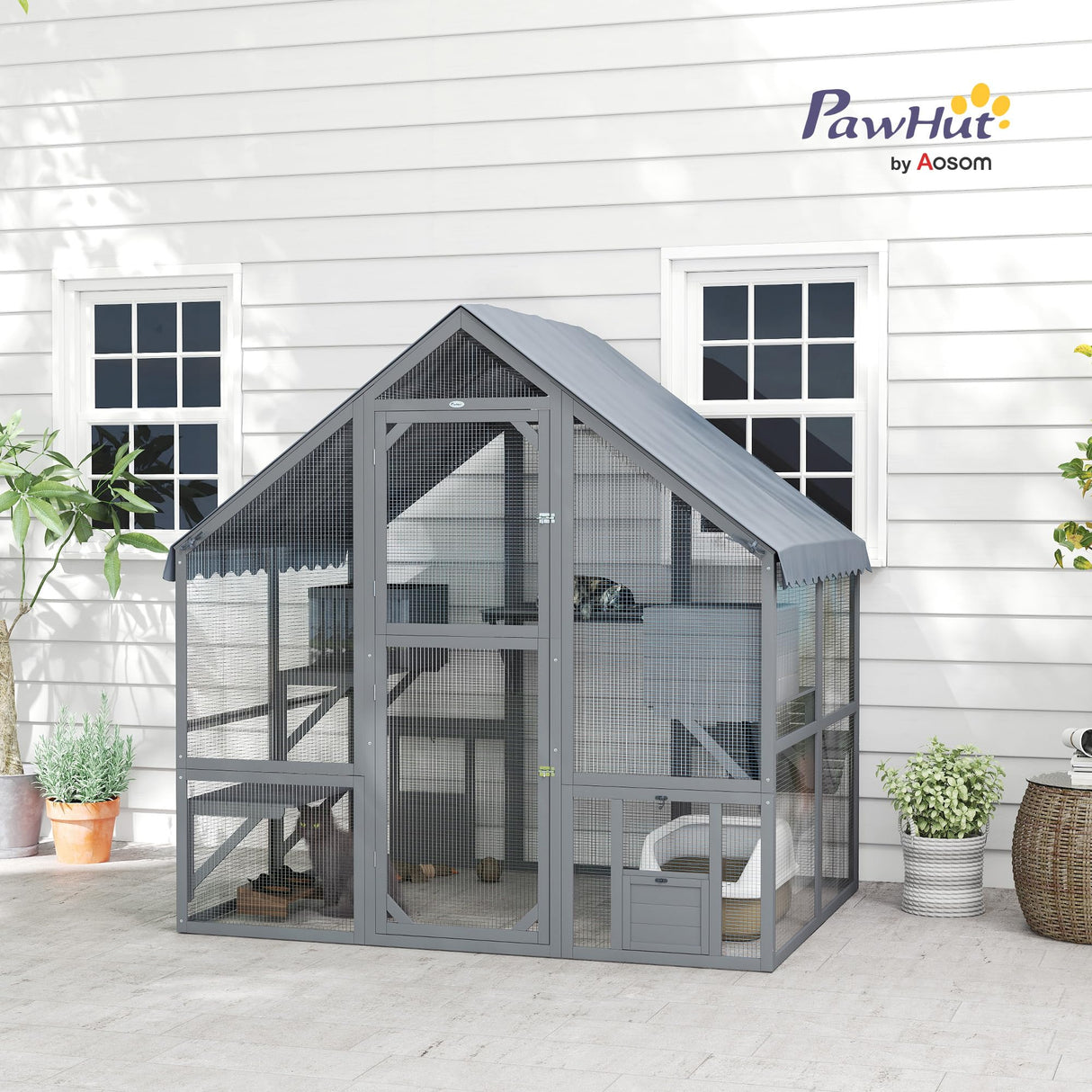PawHut Large Catio Outdoor Cat Enclosure for Multiple Kittens, Wooden Cat House with Waterproof Cover, Walk in Kitty Cage Kennel with 2 Condos, 4 Platforms, Bridge, Doors, 73" x 55" x 74", Gray PawHut