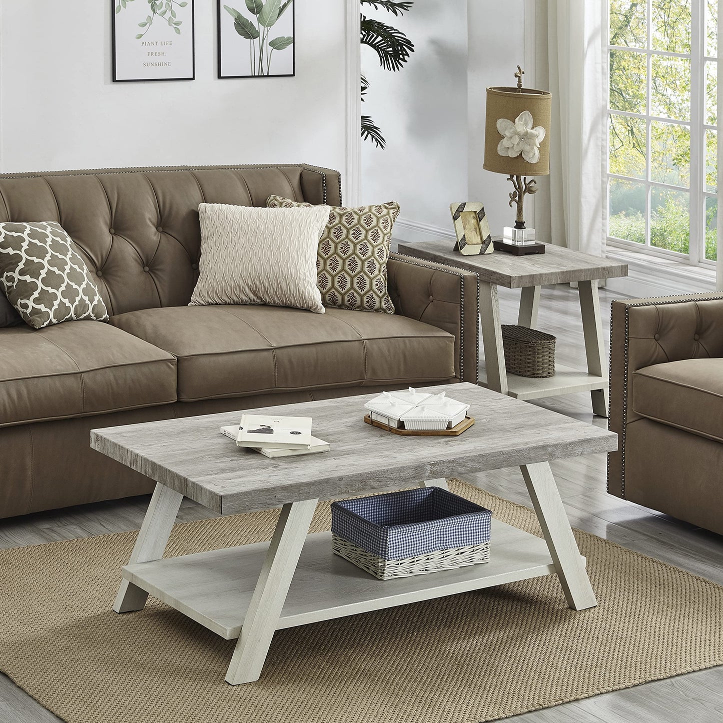 Roundhill Furniture Athens Contemporary 3-Piece Wood Shelf Coffee Table Set, 24D x 48W x 19H in, Gray and Beige - WoodArtSupply