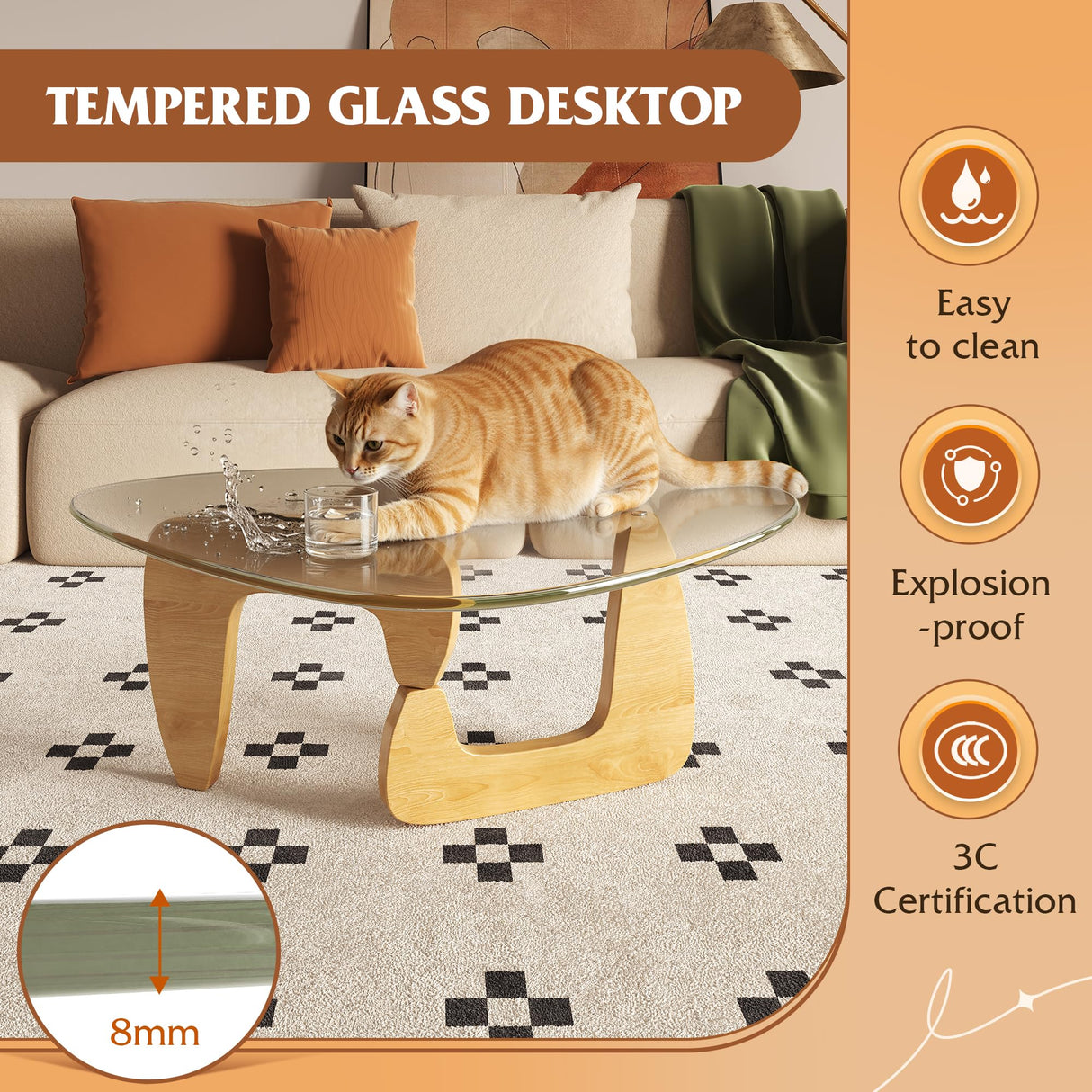 WLIVE Coffee Table, Small Glass Coffee Table with Solid Wood Legs, 32.7" Mid Century Triangle Living Room Tables, Modern Center Table for Small Spaces Living Room, Reception, Office, Natural WLIVE